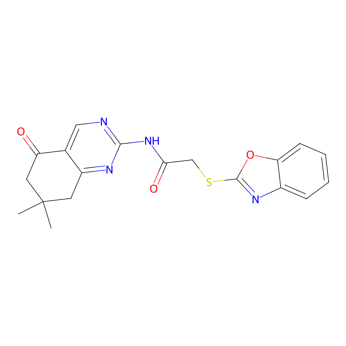 2-(1,3-benzoxazol-2-ylsulfanyl)-N-(7,7-dimethyl-5-oxo-5,6,7,8-tetrahydroquinazolin-2-yl)acetamide molecular structure, CAS 517869-56-6