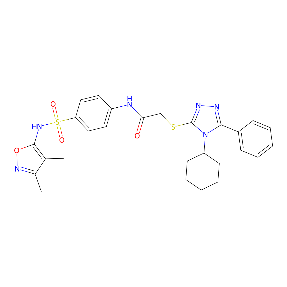 2-[(4-cyclohexyl-5-phenyl-4H-1,2,4-triazol-3-yl)thio]-N-(4-{[(3,4-dimethyl-5-isoxazolyl)amino]sulfonyl}phenyl)acetamide molecular structure, CAS 517869-73-7