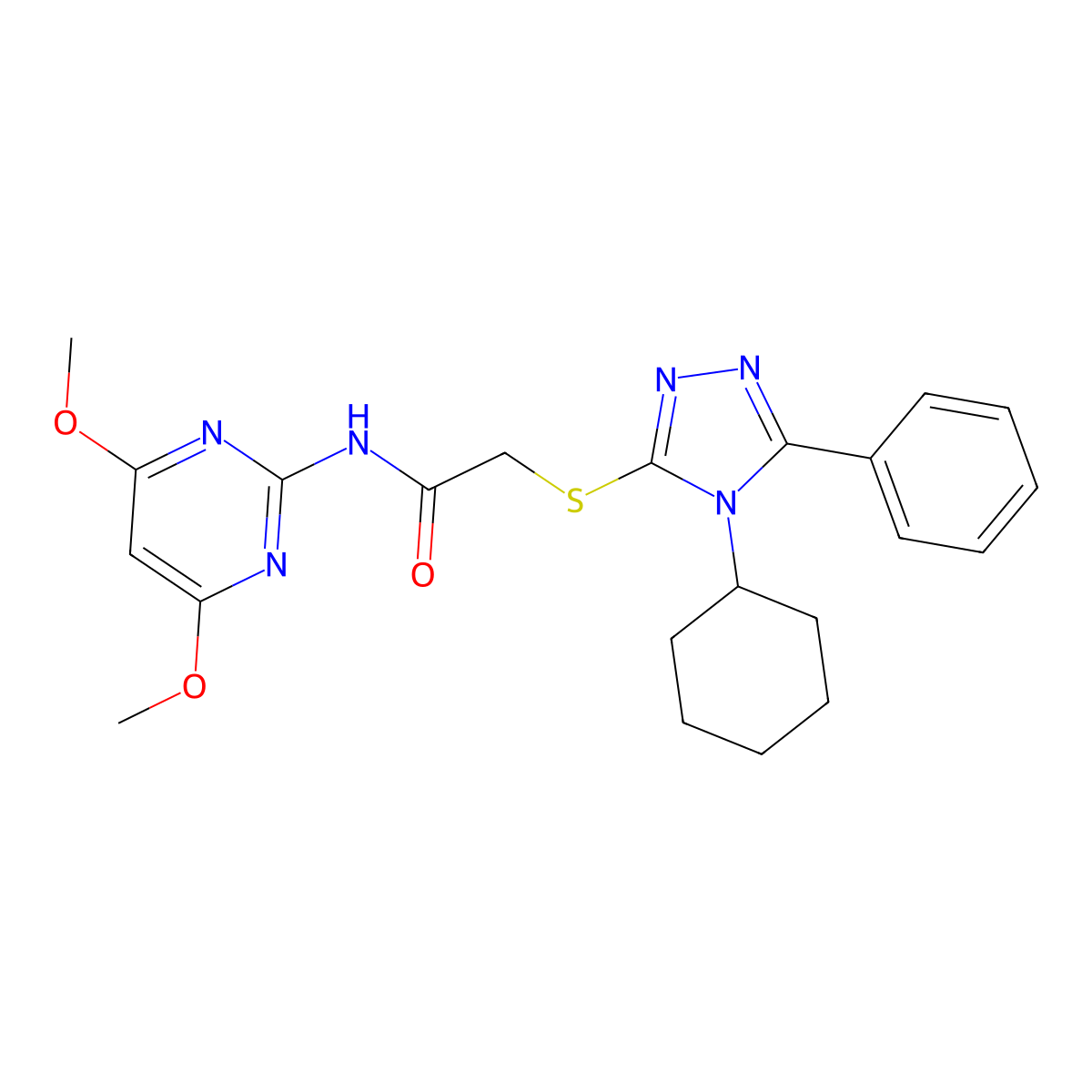2-[(4-cyclohexyl-5-phenyl-4H-1,2,4-triazol-3-yl)thio]-N-(4,6-dimethoxy-2-pyrimidinyl)acetamide molecular structure, CAS 517869-83-9