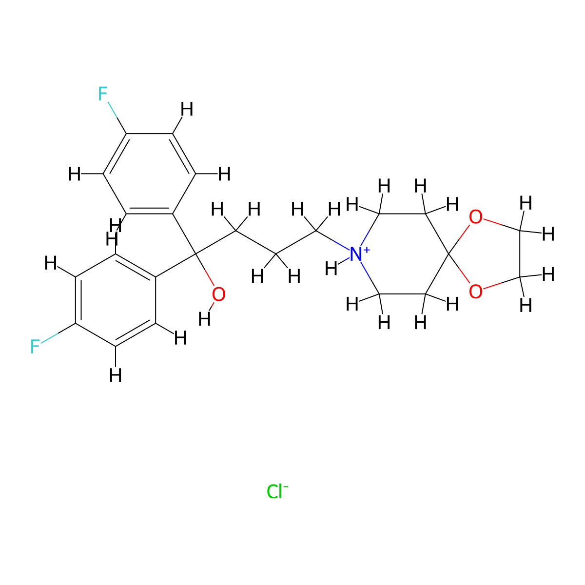 1,4-Dioxa-8-azaspiro(4.5)decane-8-butanol, alpha,alpha-bis(4-fluorophenyl)-, hydrochloride (1:1) molecular structure, CAS 51787-76-9