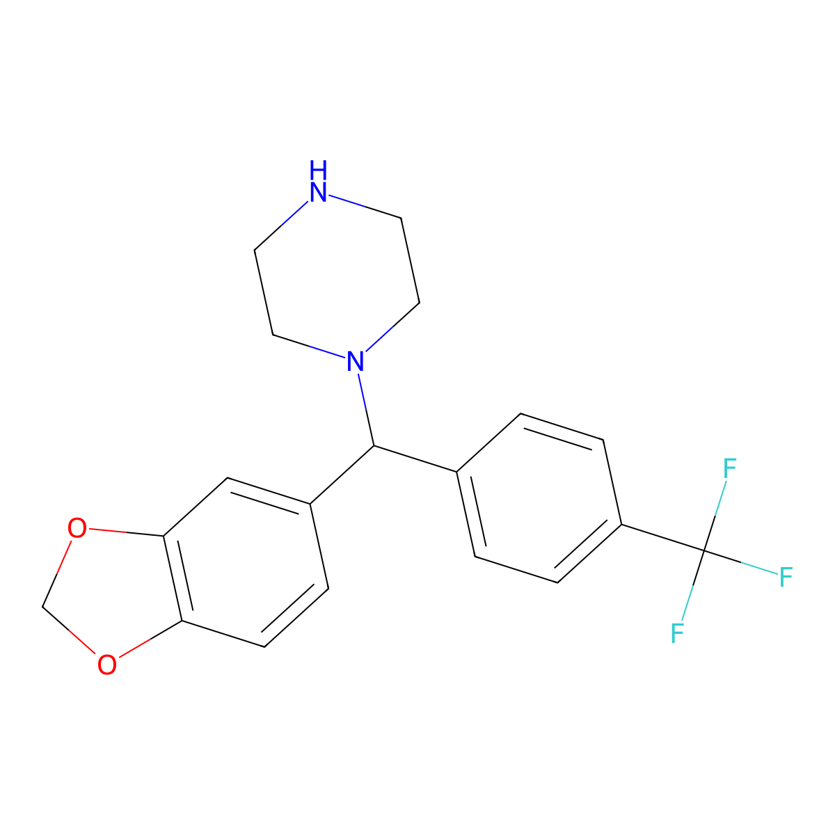 1-{1,3-Benzodioxol-5-yl[4-(trifluoromethyl)phenyl]methyl}piperazine molecular structure, CAS 518004-58-5