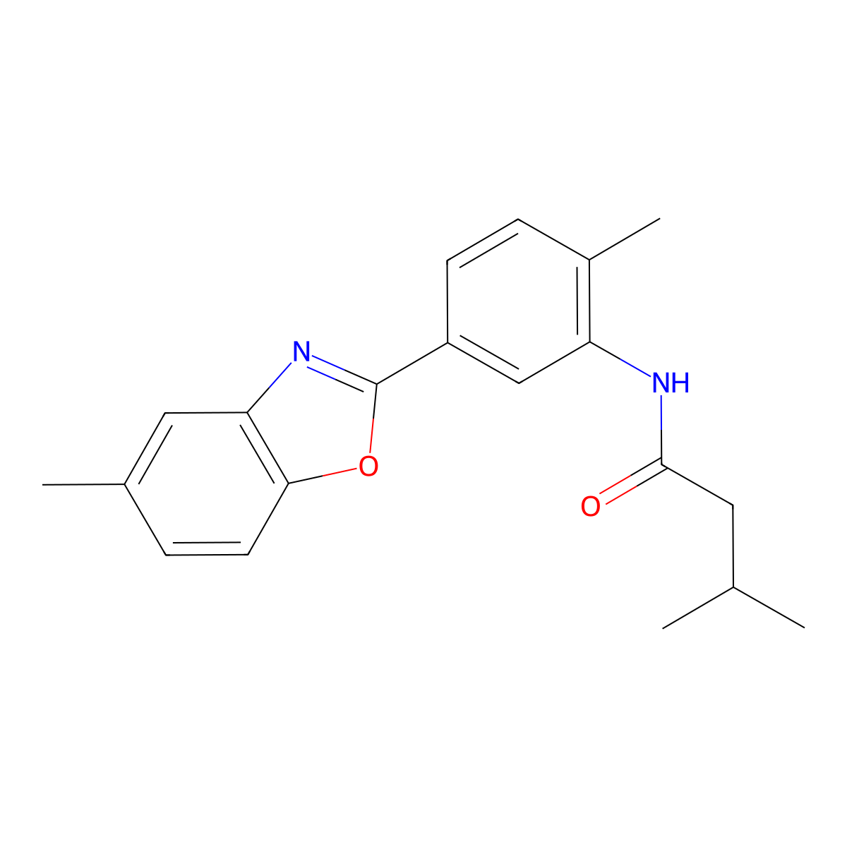 3-methyl-N-[2-methyl-5-(5-methyl-1,3-benzoxazol-2-yl)phenyl]butanamide molecular structure, CAS 518009-74-0