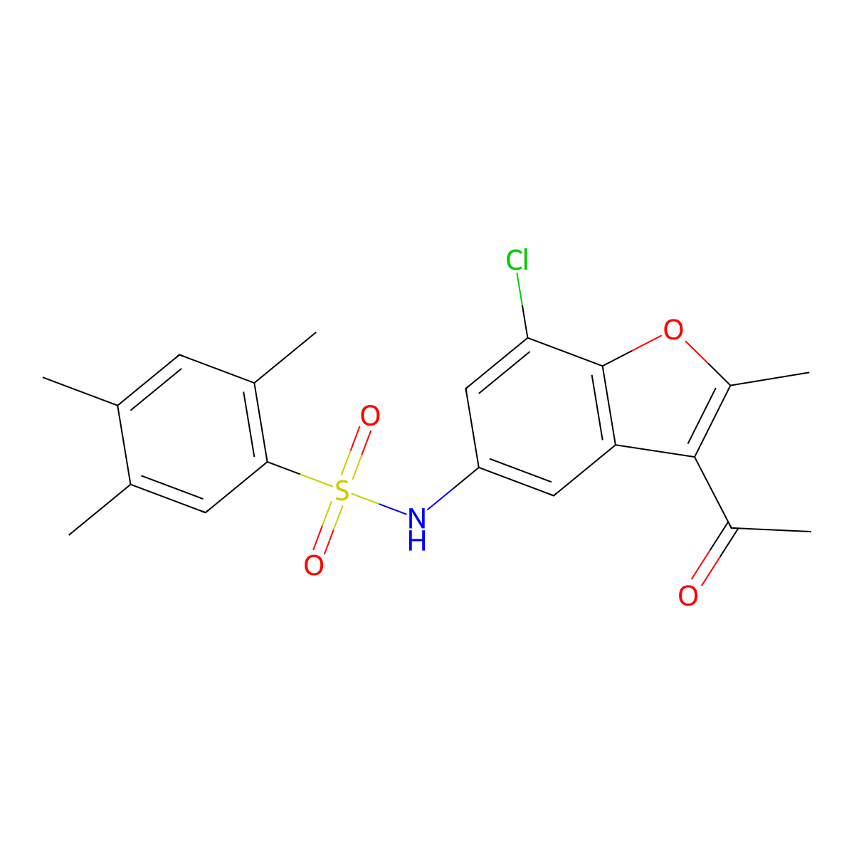N-(3-acetyl-7-chloro-2-methyl-1-benzofuran-5-yl)-2,4,5-trimethylbenzenesulfonamide molecular structure, CAS 518033-21-1