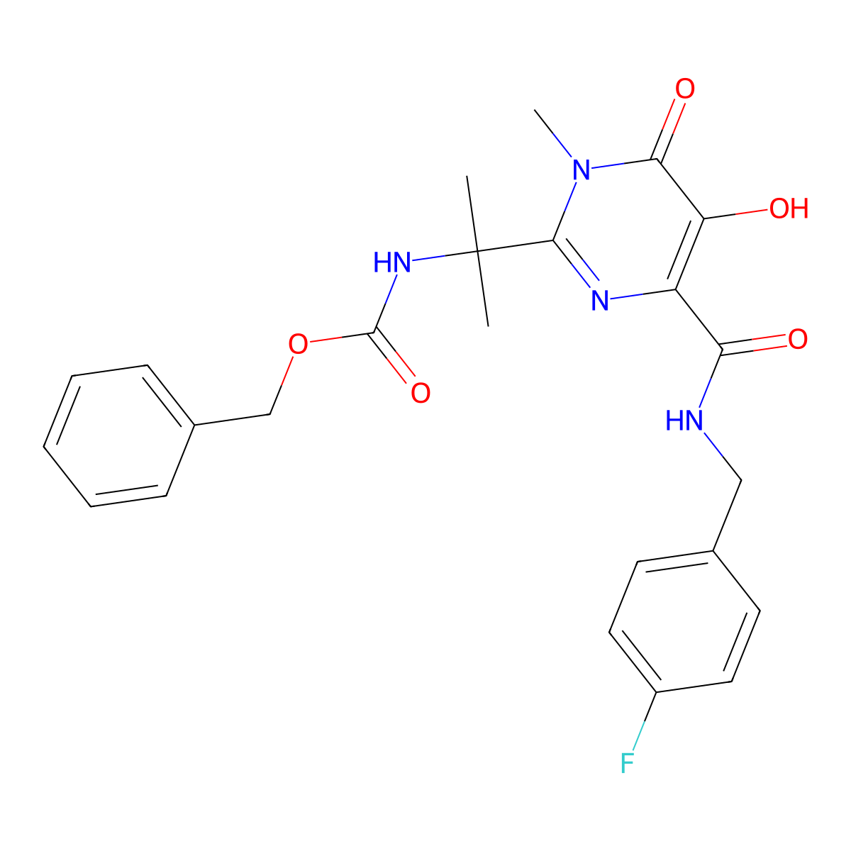 Phenylmethyl N-(1-(4-((((4-fluorophenyl)methyl)amino)carbonyl)-1,6-dihydro-5-hydroxy-1-methyl-6-oxo-2-pyrimidinyl)-1-methylethyl)carbamate molecular structure, CAS 518048-02-7