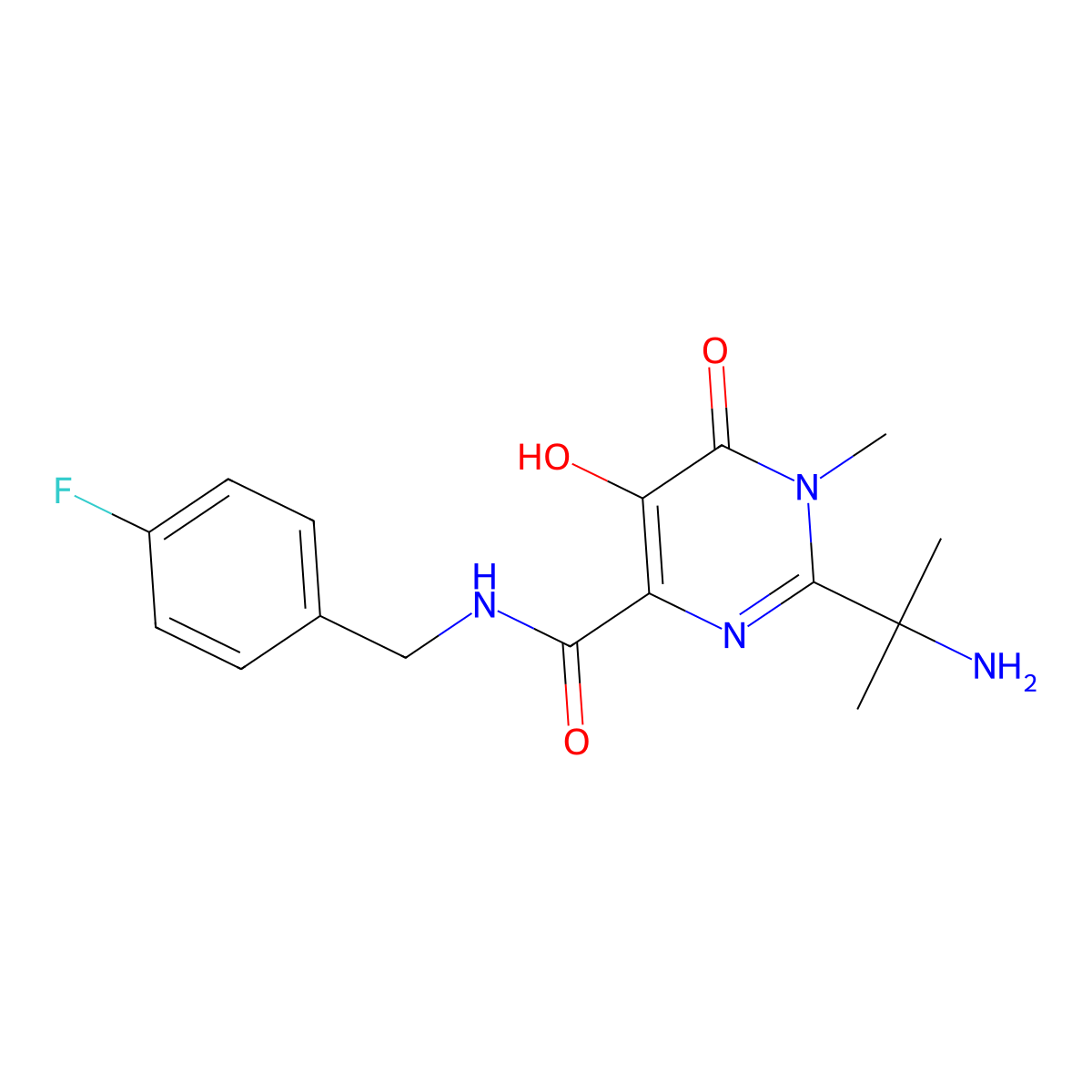 2-(1-amino-1-methylethyl)-N-(4-fluorobenzyl)-5-hydroxy-1-methyl-6-oxo-1,6-dihydropyrimidine-4-carboxamide molecular structure, CAS 518048-03-8