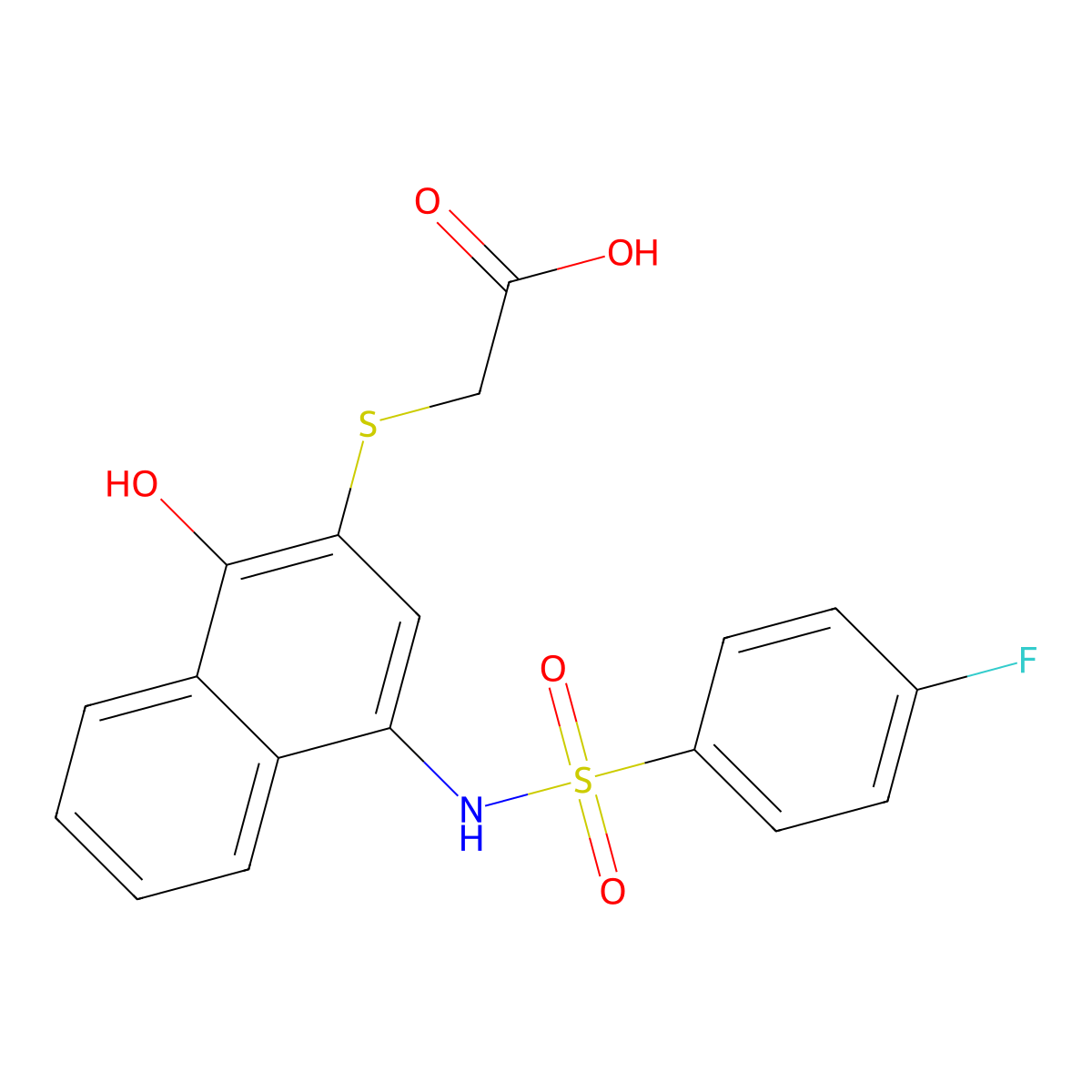 2-[[4-[[(4-Fluorophenyl)sulfonyl]amino]-1-hydroxy-2-naphthalenyl]thio]acetic acid molecular structure, CAS 518303-21-4