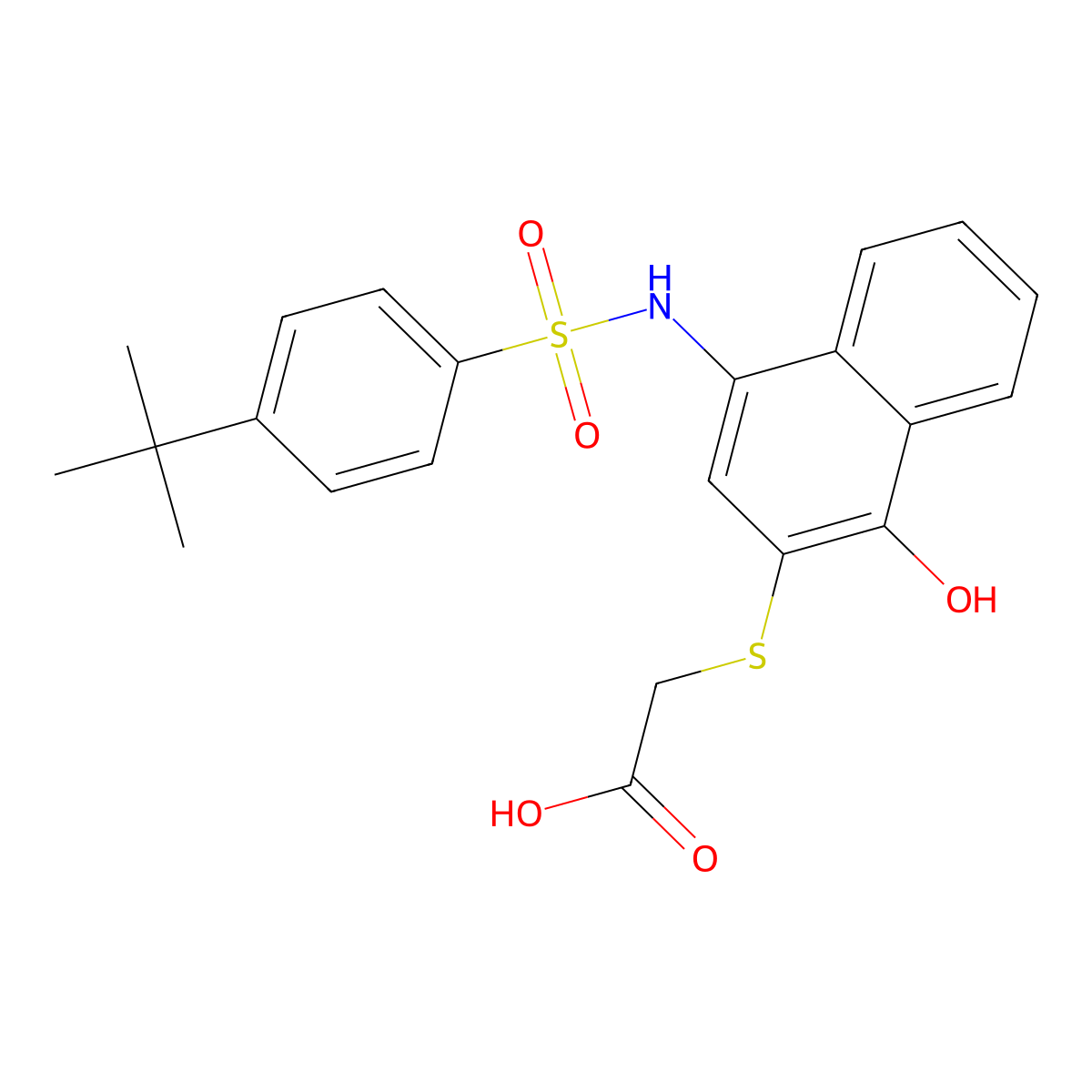 2-((4-((4-(tert-Butyl)phenyl)sulfonamido)-1-hydroxynaphthalen-2-yl)thio)acetic acid molecular structure, CAS 518303-27-0
