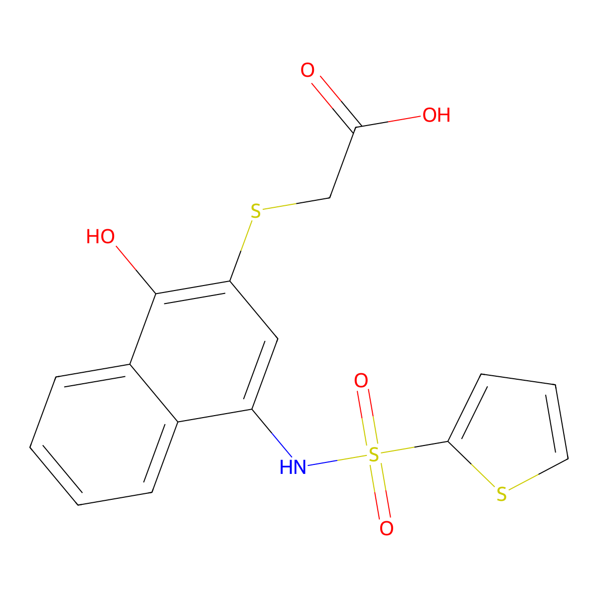 2-{[1-Hydroxy-4-(thiophene-2-sulfonamido)naphthalen-2-yl]sulfanyl}acetic acid molecular structure, CAS 518303-33-8