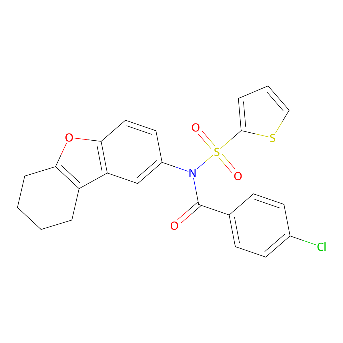 4-chloro-N-(6,7,8,9-tetrahydrodibenzofuran-2-yl)-N-thiophen-2-ylsulfonylbenzamide molecular structure, CAS 518305-25-4