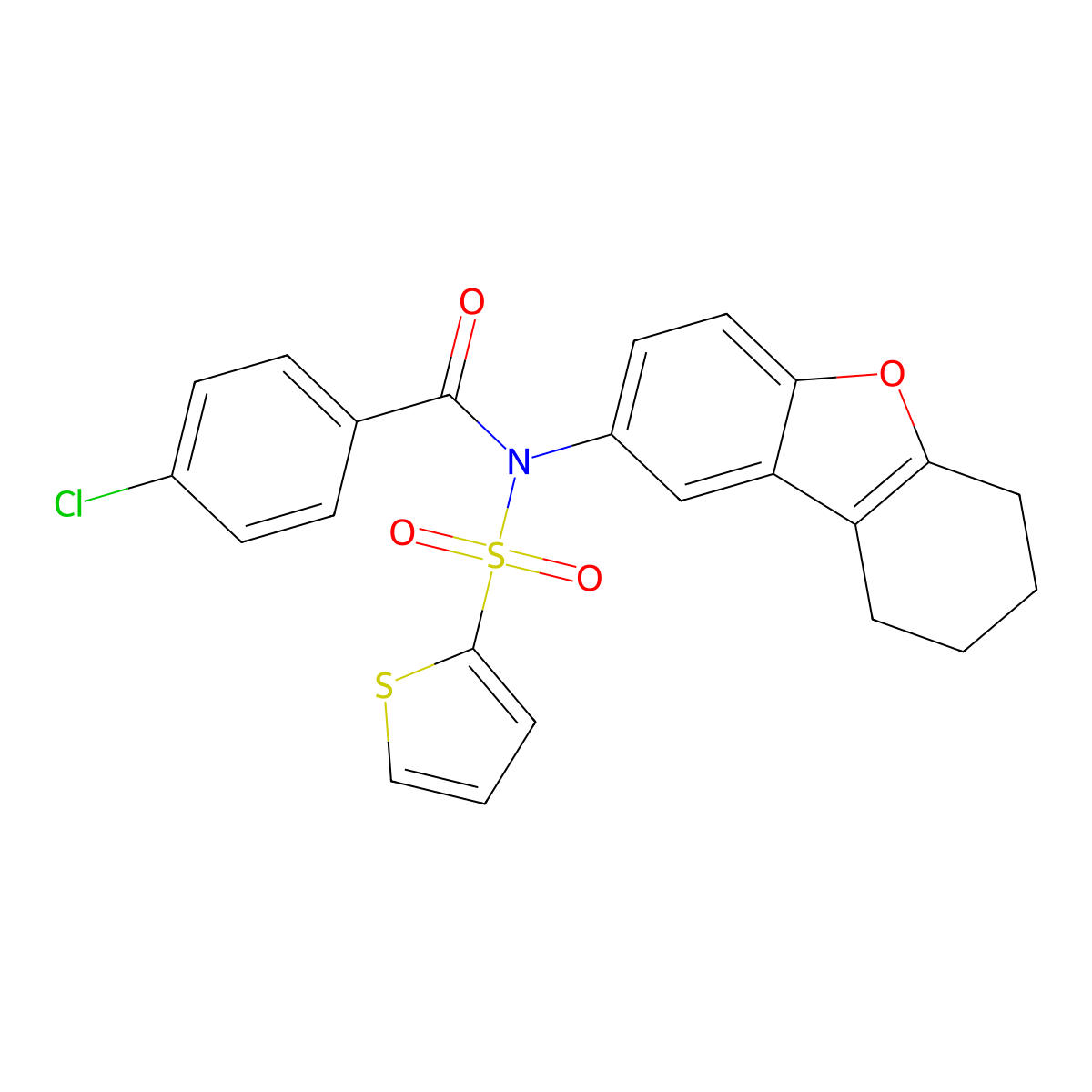 4-chloro-N-(6,7,8,9-tetrahydrodibenzofuran-2-yl)-N-thiophen-2-ylsulfonylbenzamide molecular structure, CAS 518305-25-4