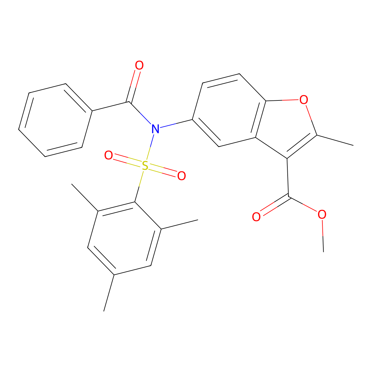 Methyl 5-[benzoyl(mesitylsulfonyl)amino]-2-methyl-1-benzofuran-3-carboxylate molecular structure, CAS 518317-52-7