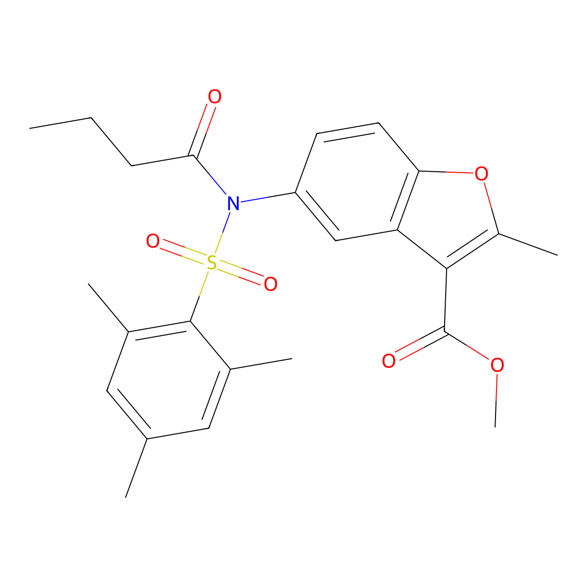 Methyl 5-[butyryl(mesitylsulfonyl)amino]-2-methyl-1-benzofuran-3-carboxylate molecular structure, CAS 518317-68-5