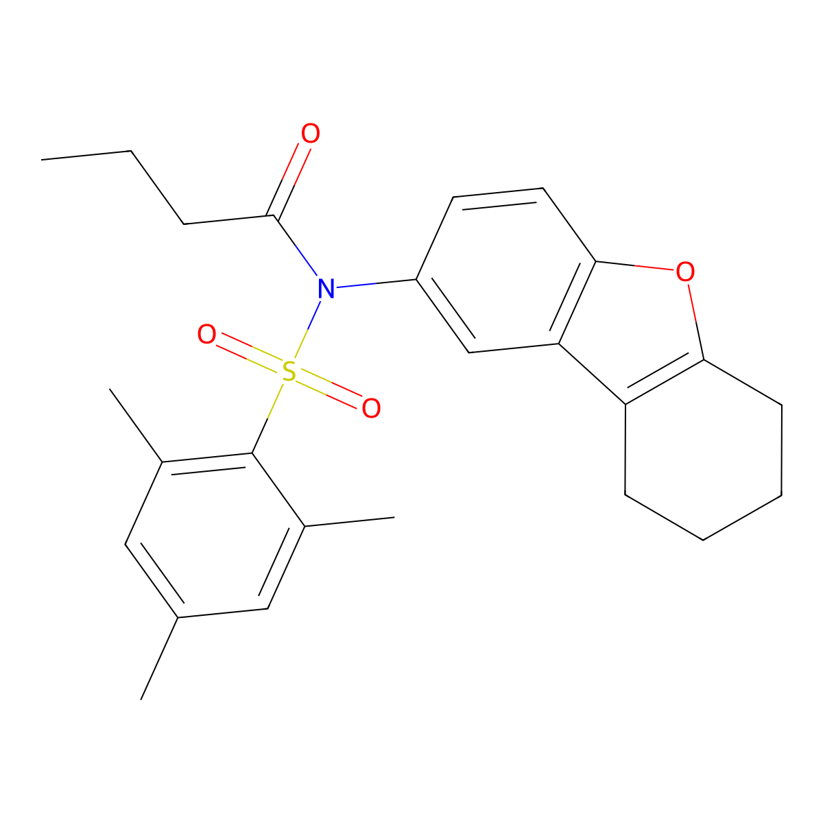 N-(6,7,8,9-tetrahydrodibenzofuran-2-yl)-N-(2,4,6-trimethylphenyl)sulfonylbutanamide molecular structure, CAS 518317-72-1