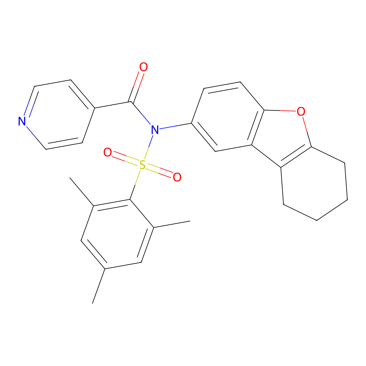 N-(6,7,8,9-tetrahydrodibenzofuran-2-yl)-N-(2,4,6-trimethylphenyl)sulfonylpyridine-4-carboxamide molecular structure, CAS 518317-73-2