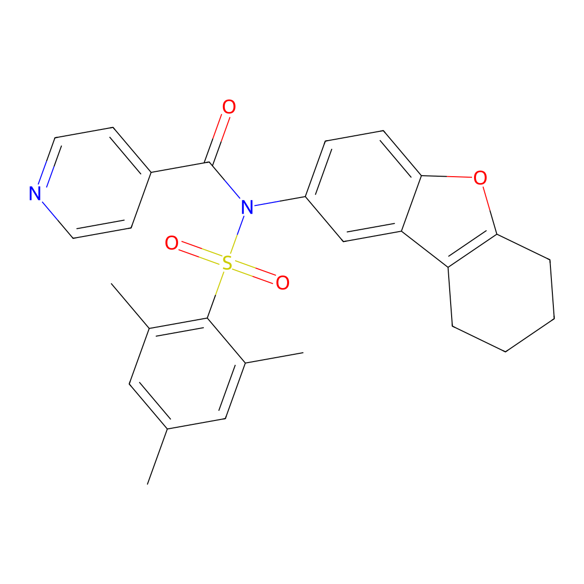 N-(6,7,8,9-tetrahydrodibenzofuran-2-yl)-N-(2,4,6-trimethylphenyl)sulfonylpyridine-4-carboxamide molecular structure, CAS 518317-73-2