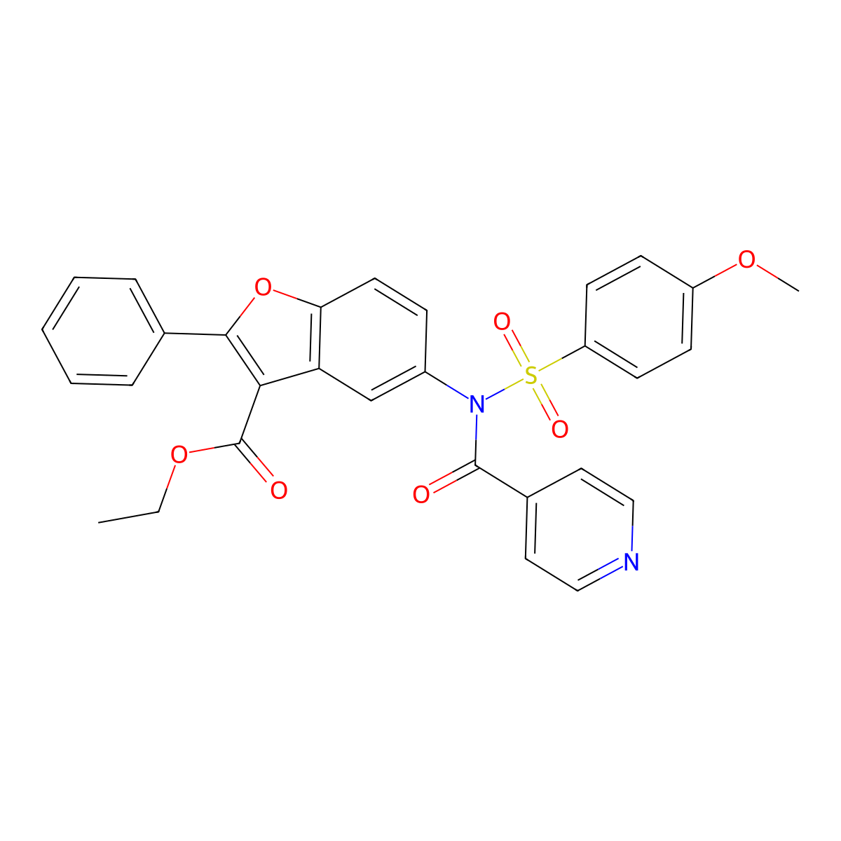 Ethyl 5-{[(4-methoxyphenyl)sulfonyl](pyridin-4-ylcarbonyl)amino}-2-phenyl-1-benzofuran-3-carboxylate molecular structure, CAS 518318-65-5