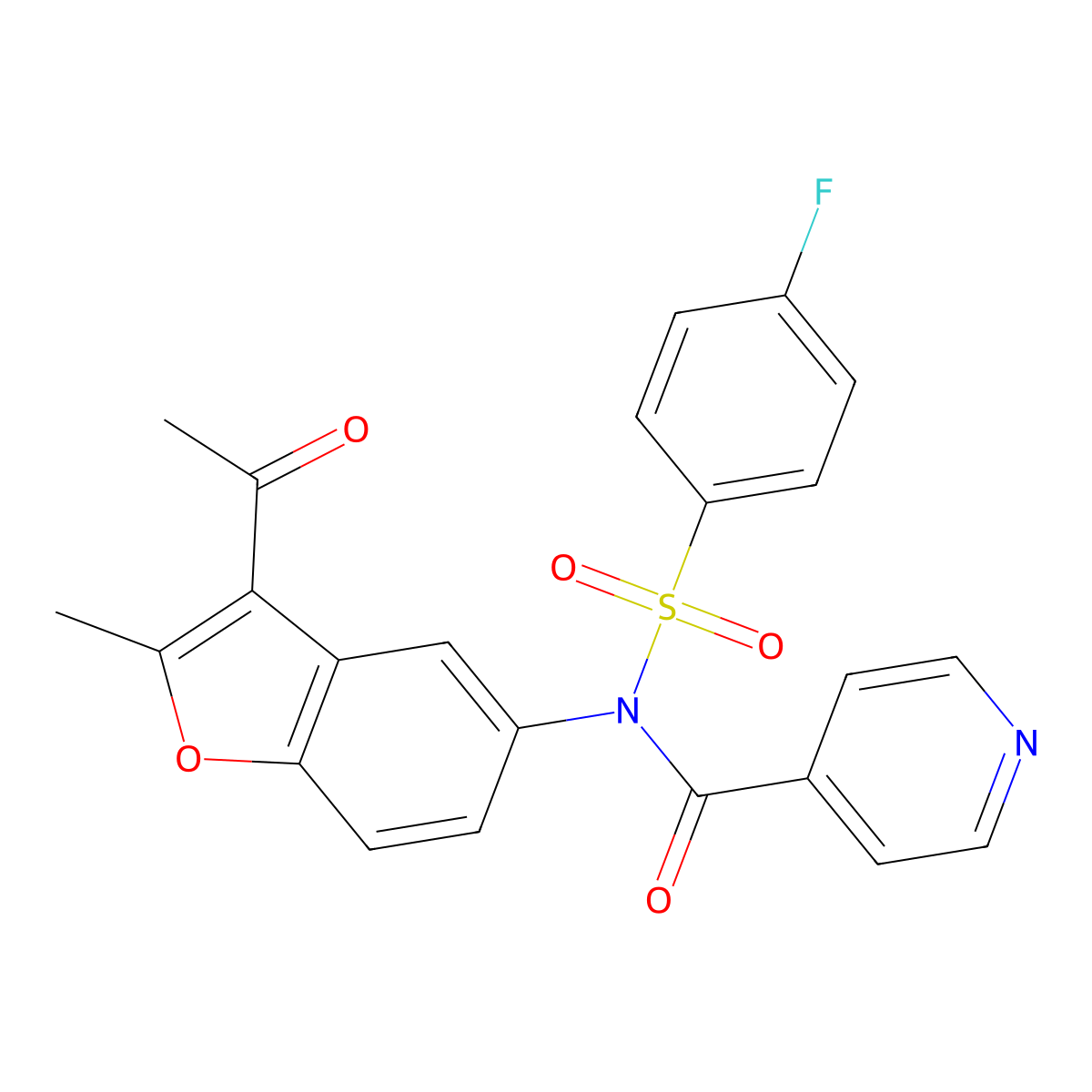 N-(3-acetyl-2-methyl-1-benzofuran-5-yl)-N-(4-fluorophenyl)sulfonylpyridine-4-carboxamide molecular structure, CAS 518319-18-1