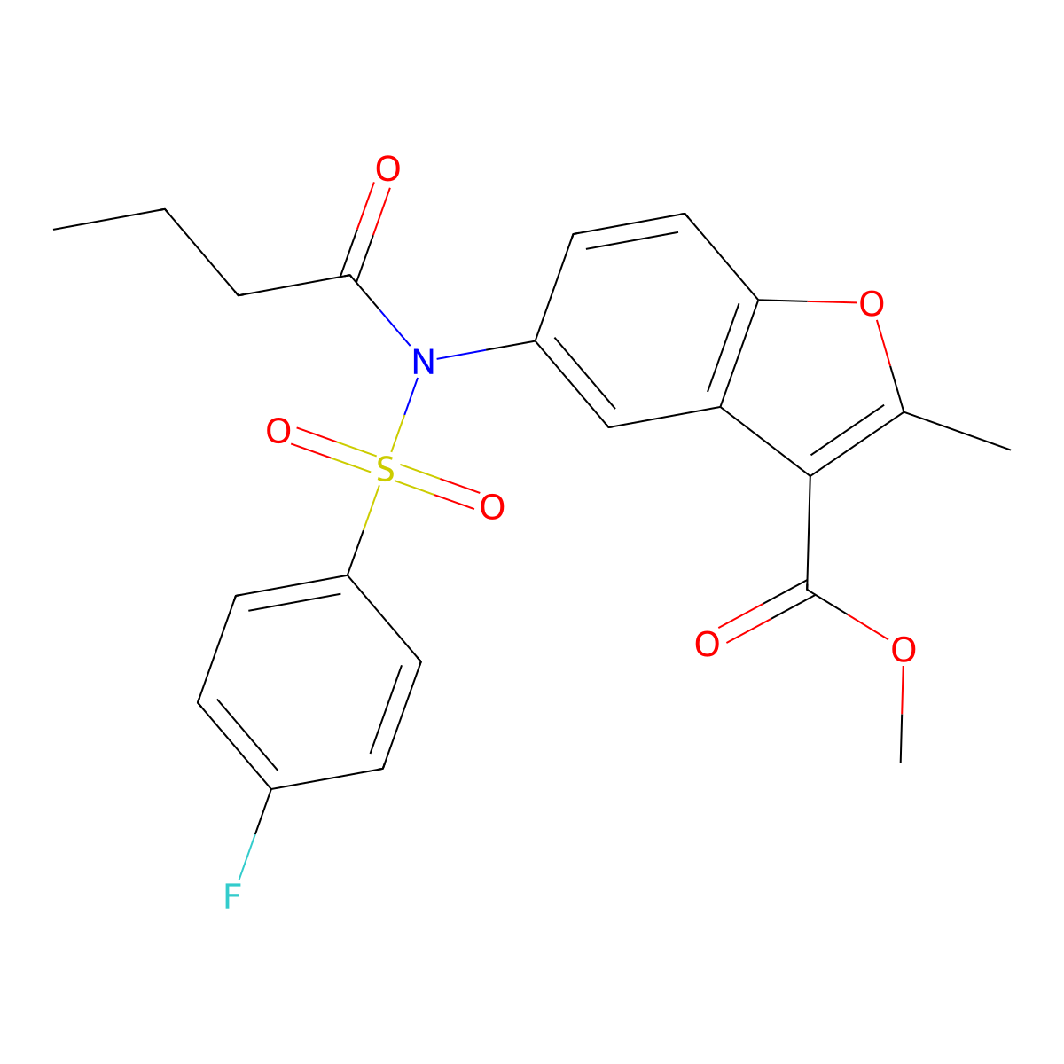 Methyl 5-{butyryl[(4-fluorophenyl)sulfonyl]amino}-2-methyl-1-benzofuran-3-carboxylate molecular structure, CAS 518319-24-9