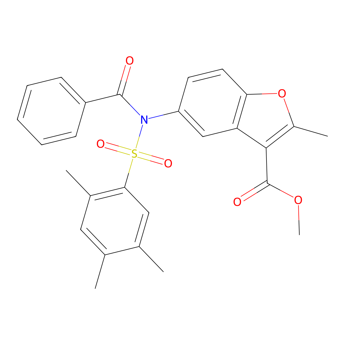 Methyl 5-{benzoyl[(2,4,5-trimethylphenyl)sulfonyl]amino}-2-methyl-1-benzofuran-3-carboxylate molecular structure, CAS 518319-82-9