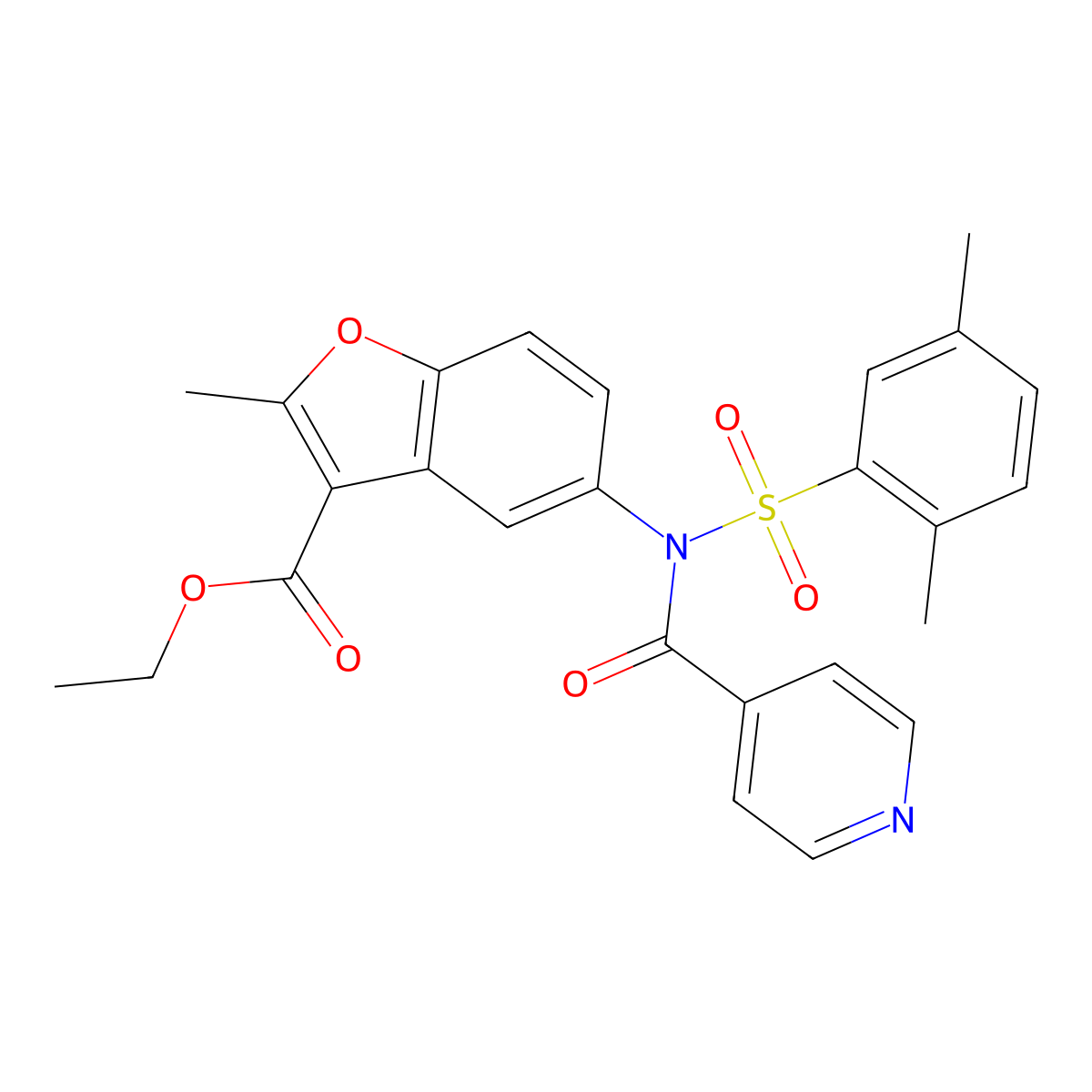 Ethyl 5-[[(2,5-dimethylphenyl)sulfonyl](isonicotinoyl)amino]-2-methyl-1-benzofuran-3-carboxylate molecular structure, CAS 518320-21-3