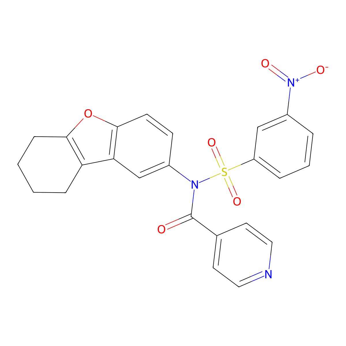 N-(3-nitrophenyl)sulfonyl-N-(6,7,8,9-tetrahydrodibenzofuran-2-yl)pyridine-4-carboxamide molecular structure, CAS 518330-27-3