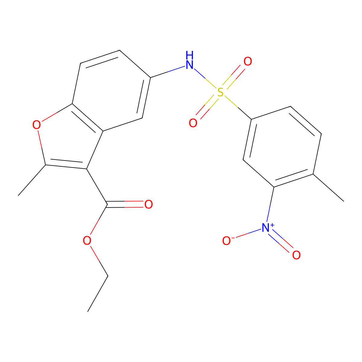 Ethyl 2-methyl-5-(4-methyl-3-nitrobenzenesulfonamido)-1-benzofuran-3-carboxylate molecular structure, CAS 518330-64-8