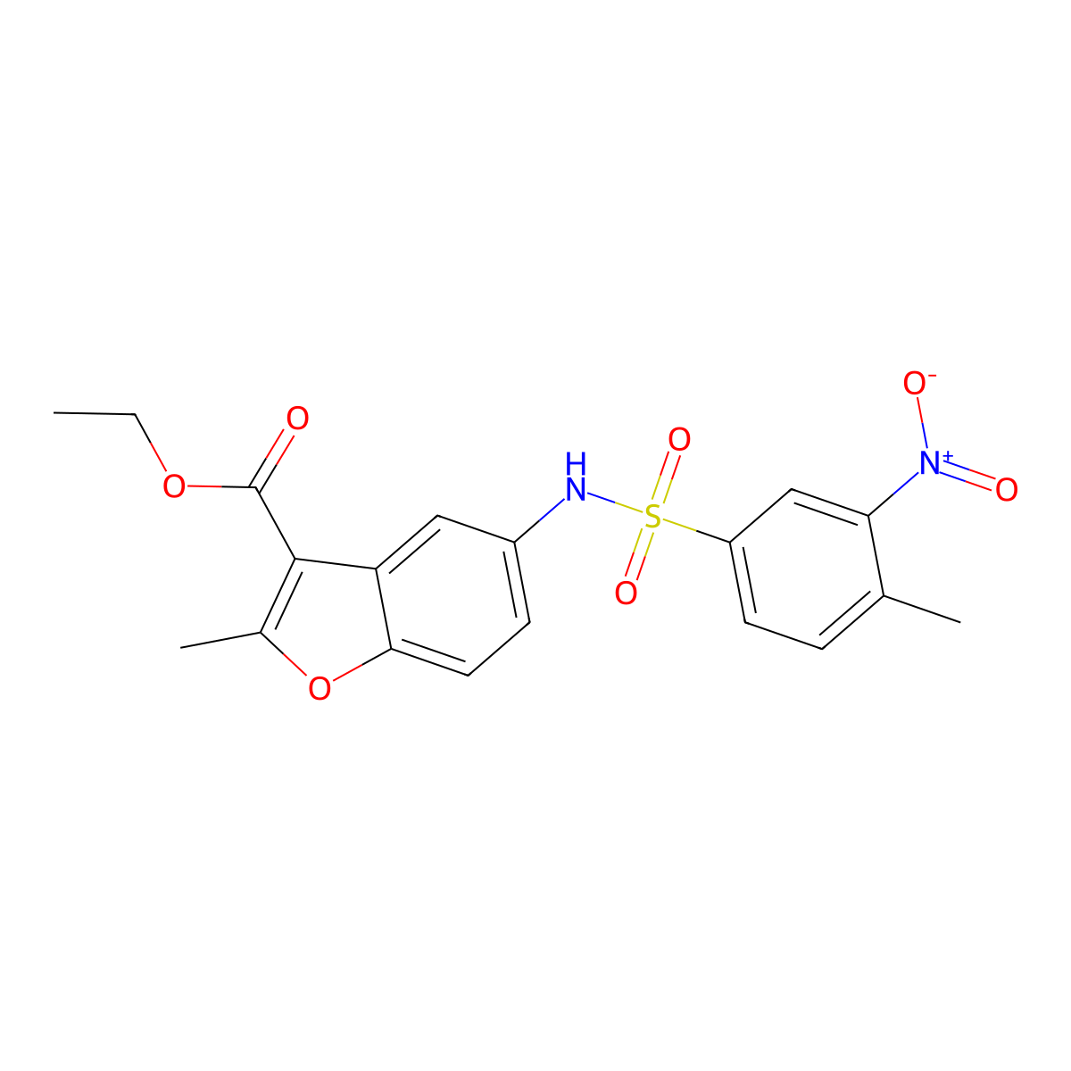 Ethyl 2-methyl-5-(4-methyl-3-nitrobenzenesulfonamido)-1-benzofuran-3-carboxylate molecular structure, CAS 518330-64-8