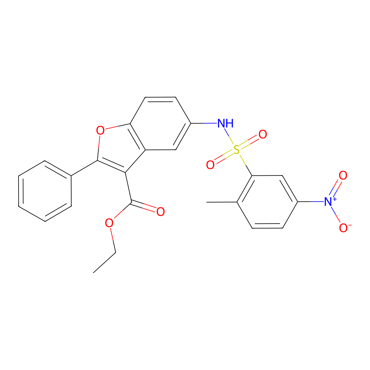 Ethyl 5-(2-methyl-5-nitrobenzenesulfonamido)-2-phenyl-1-benzofuran-3-carboxylate molecular structure, CAS 518330-70-6