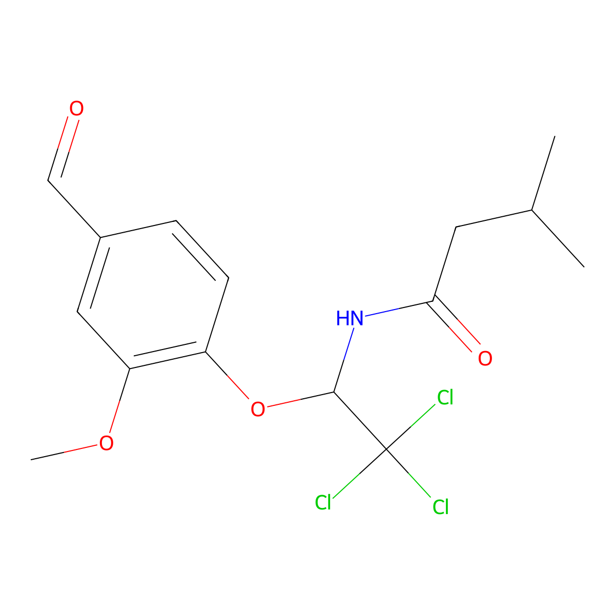 3-Methyl-N-(2,2,2-trichloro-1-(4-formyl-2-methoxyphenoxy)ethyl)butanamide molecular structure, CAS 518349-89-8