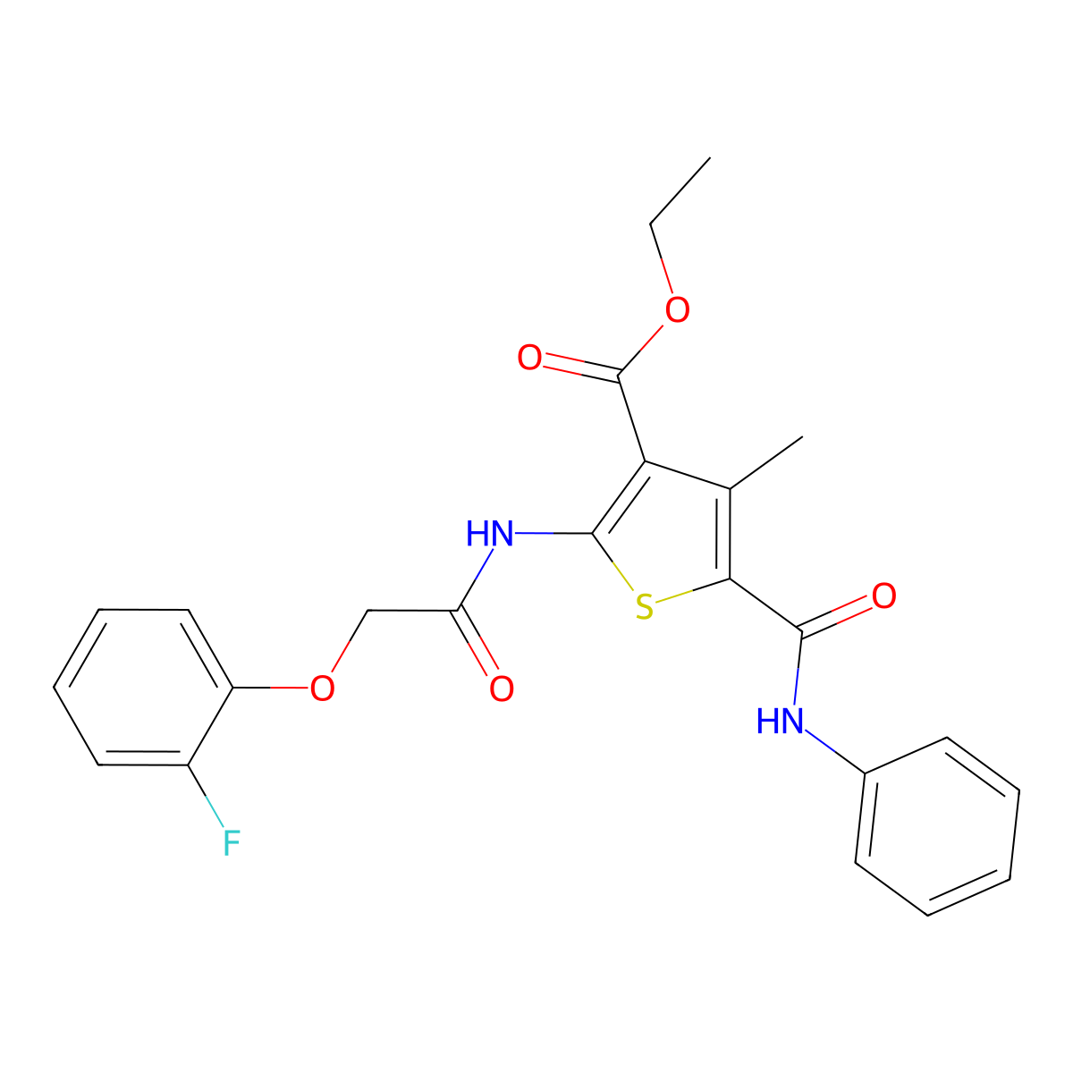 Ethyl 2-(2-(2-fluorophenoxy)acetamido)-4-methyl-5-(phenylcarbamoyl)thiophene-3-carboxylate molecular structure, CAS 518350-22-6