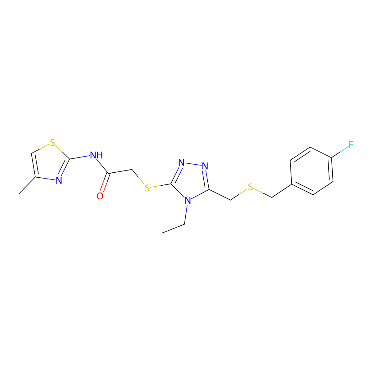 2-[[4-ethyl-5-[(4-fluorophenyl)methylsulfanylmethyl]-1,2,4-triazol-3-yl]sulfanyl]-N-(4-methyl-1,3-thiazol-2-yl)acetamide molecular structure, CAS 5188-65-8