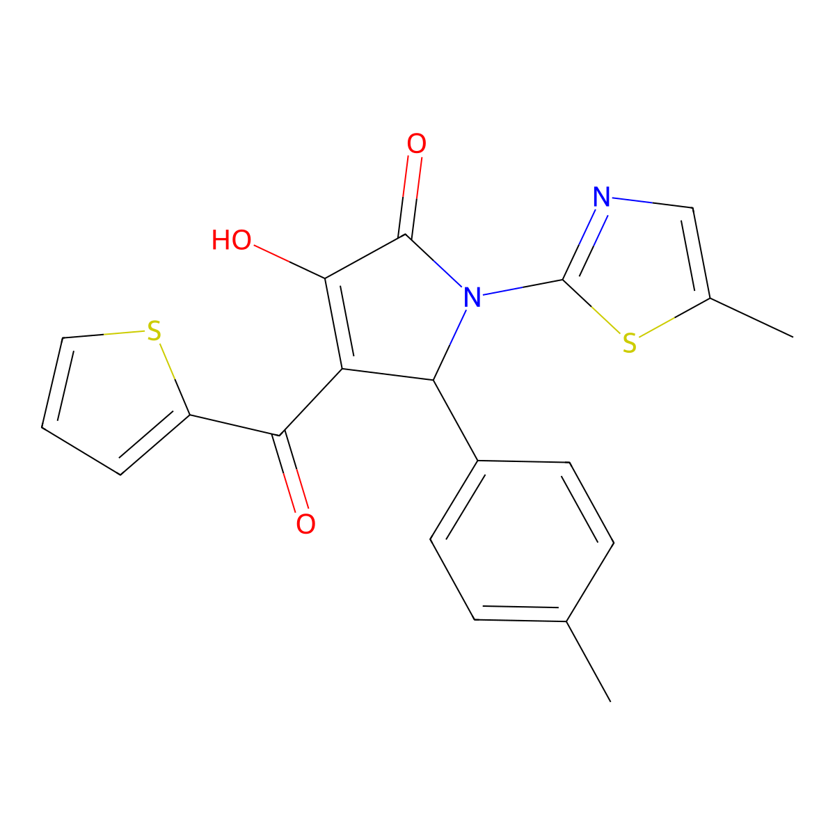 4-hydroxy-2-(4-methylphenyl)-1-(5-methyl-1,3-thiazol-2-yl)-3-(thiophene-2-carbonyl)-2H-pyrrol-5-one molecular structure, CAS 518983-82-9