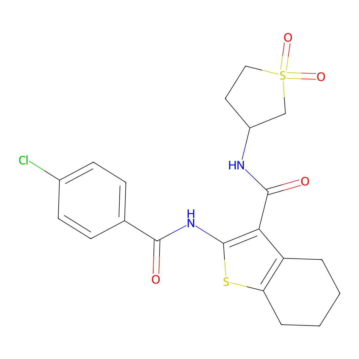 2-{[(4-chlorophenyl)carbonyl]amino}-N-(1,1-dioxidotetrahydrothiophen-3-yl)-4,5,6,7-tetrahydro-1-benzothiophene-3-carboxamide molecular structure, CAS 519012-44-3