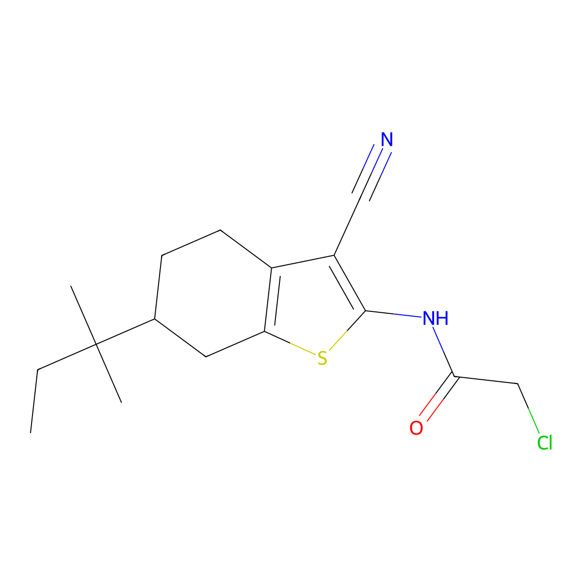 2-chloro-N-(3-cyano-6-(2-methylbutan-2-yl)-4,5,6,7-tetrahydro-1-benzothiophen-2-yl)acetamide molecular structure, CAS 519016-57-0