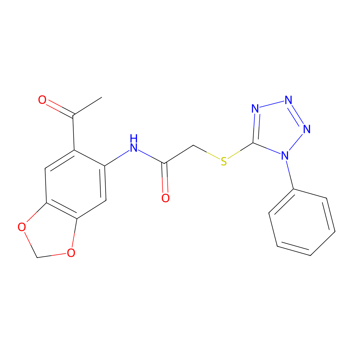 N-(6-acetyl-1,3-benzodioxol-5-yl)-2-(1-phenyltetrazol-5-yl)sulfanylacetamide molecular structure, CAS 519018-10-1