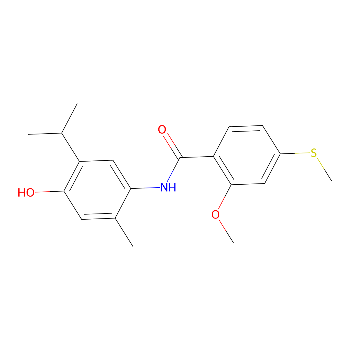 N-(4-hydroxy-2-methyl-5-propan-2-ylphenyl)-2-methoxy-4-methylsulfanylbenzamide molecular structure, CAS 519018-77-0