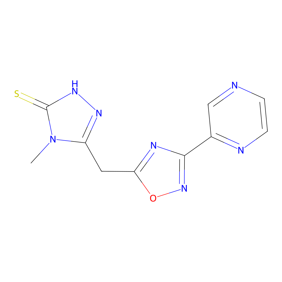 4-methyl-5-[(3-pyrazin-2-yl-1,2,4-oxadiazol-5-yl)methyl]-4H-1,2,4-triazole-3-thiol molecular structure, CAS 519056-47-4