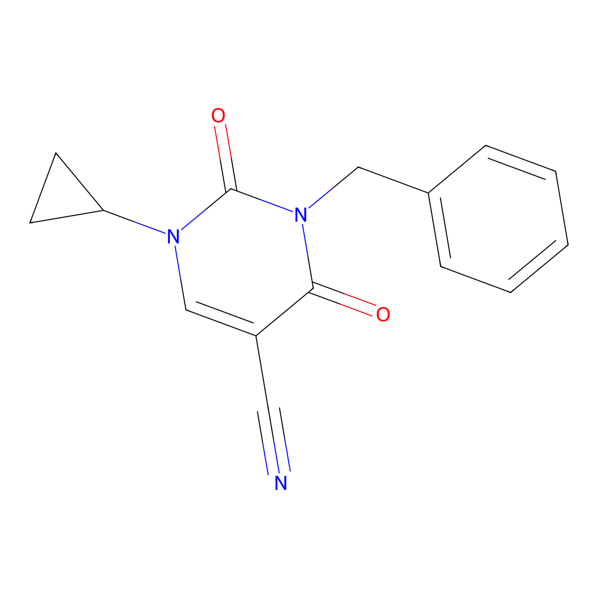 3-Benzyl-1-cyclopropyl-2,4-dioxo-1,2,3,4-tetrahydropyrimidine-5-carbonitrile molecular structure, CAS 519056-48-5
