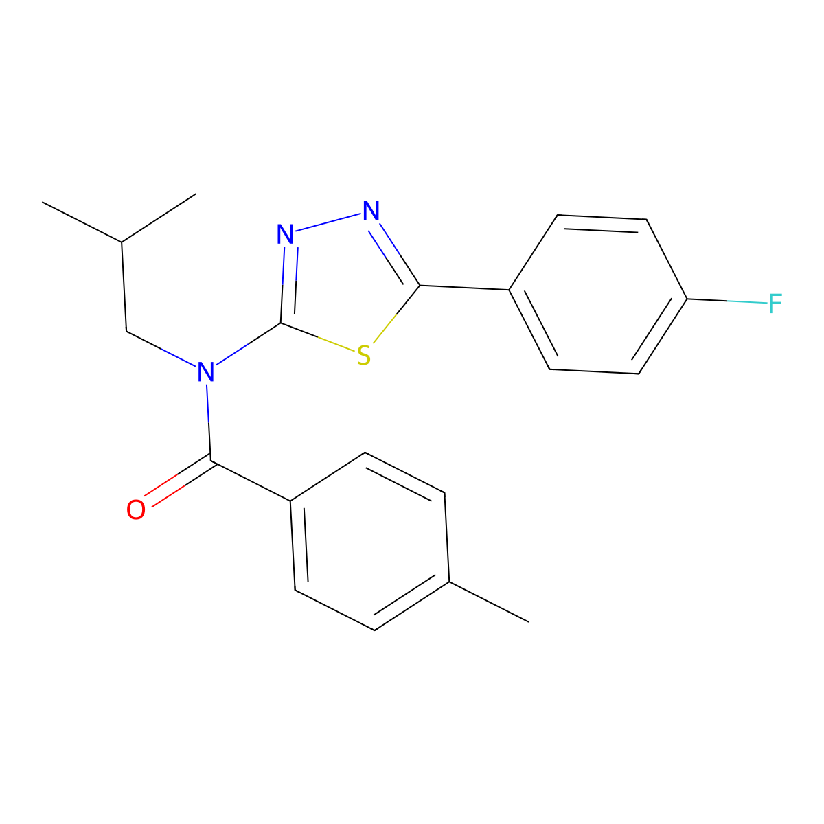 N-[5-(4-fluorophenyl)-1,3,4-thiadiazol-2-yl]-4-methyl-N-(2-methylpropyl)benzamide molecular structure, CAS 5191-89-9