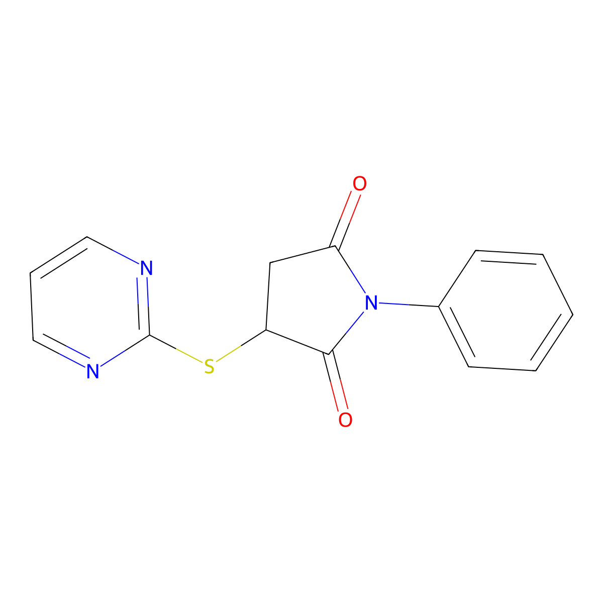 1-Phenyl-3-(pyrimidin-2-ylsulfanyl)-pyrrolidine-2,5-dione molecular structure, CAS 519145-94-9