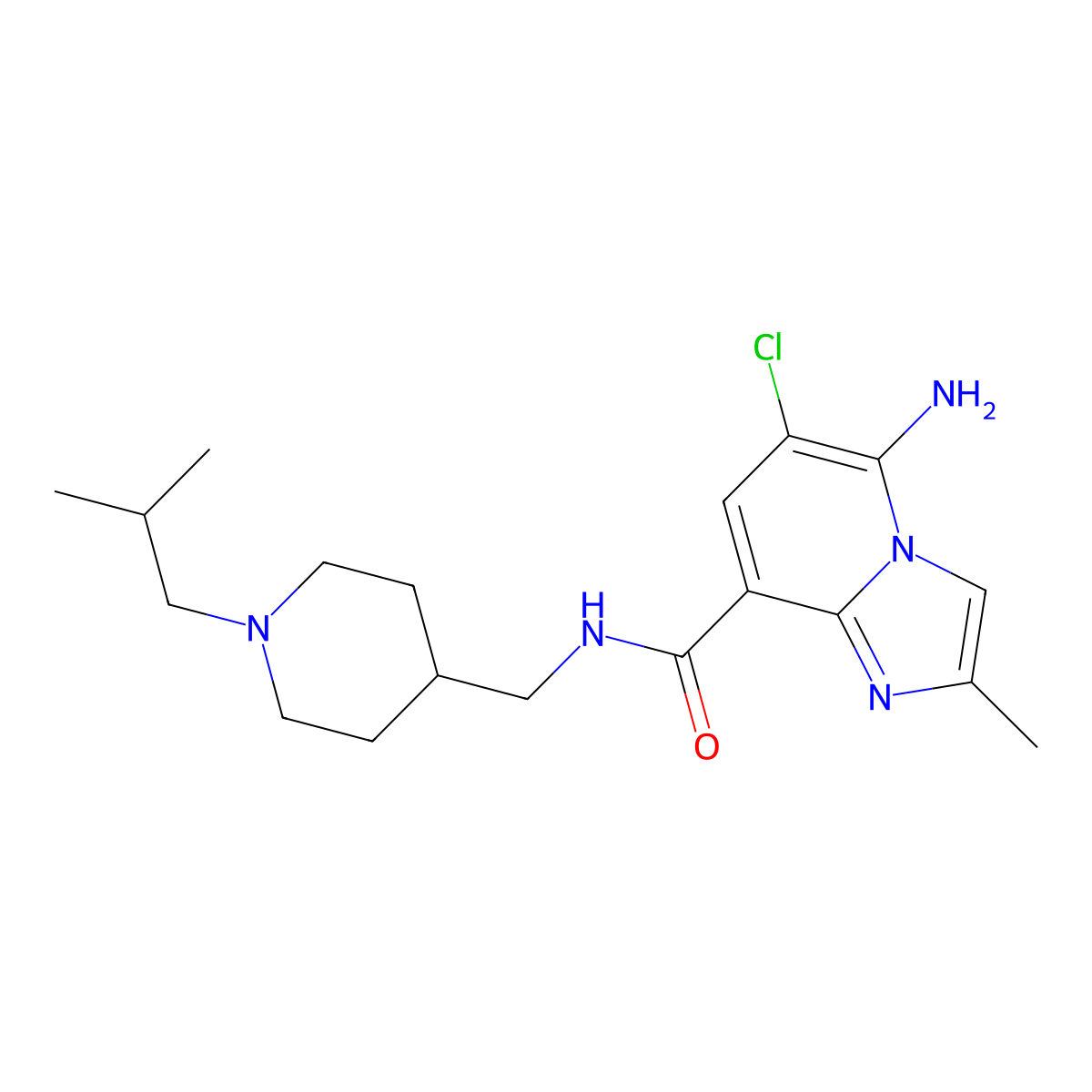Imidazo(1,2-a)pyridine-8-carboxamide, 5-amino-6-chloro-2-methyl-N-((1-(2-methylpropyl)-4-piperidinyl)methyl)- molecular structure, CAS 519148-48-2