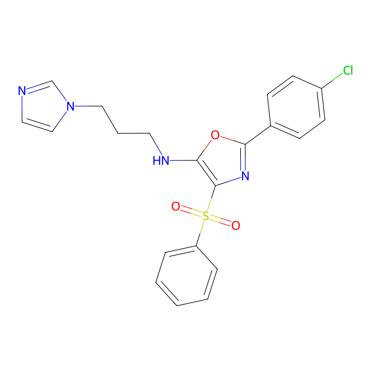 4-(benzenesulfonyl)-2-(4-chlorophenyl)-N-(3-imidazol-1-ylpropyl)-1,3-oxazol-5-amine molecular structure, CAS 519149-23-6