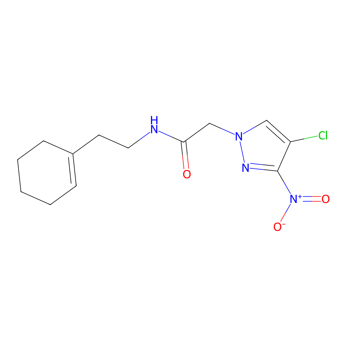 2-(4-chloro-3-nitropyrazol-1-yl)-N-[2-(cyclohexen-1-yl)ethyl]acetamide molecular structure, CAS 519168-05-9