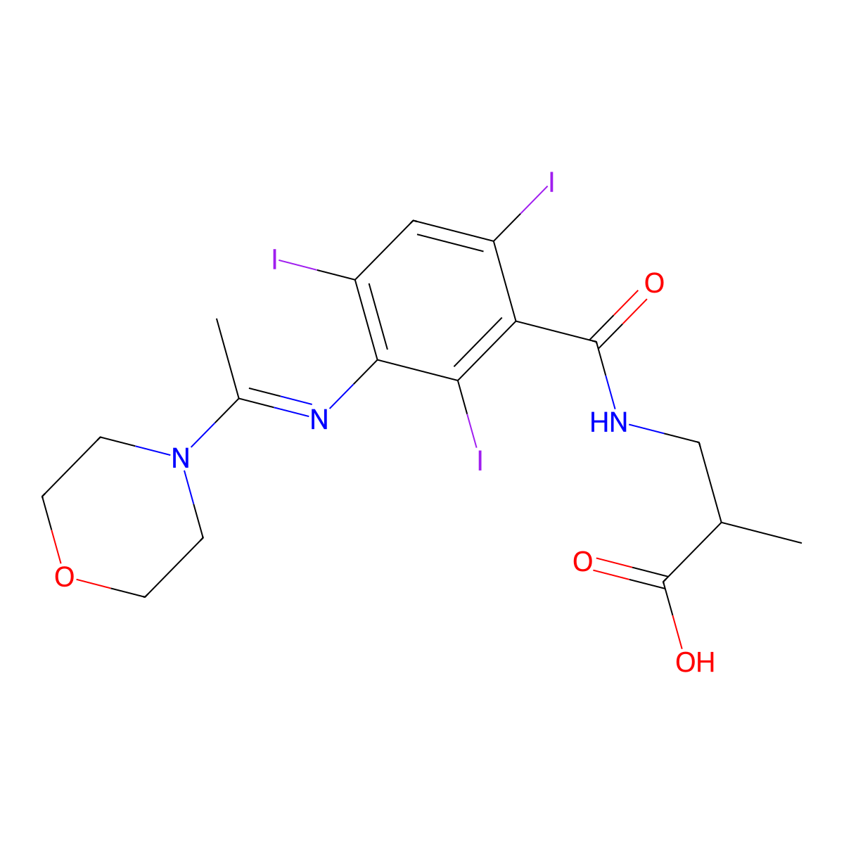 2-Methyl-3-(2,4,6-triiodo-3-((1-(morpholin-4-yl)ethylidene)amino)benzamido)propanoic acid molecular structure, CAS 51934-76-0