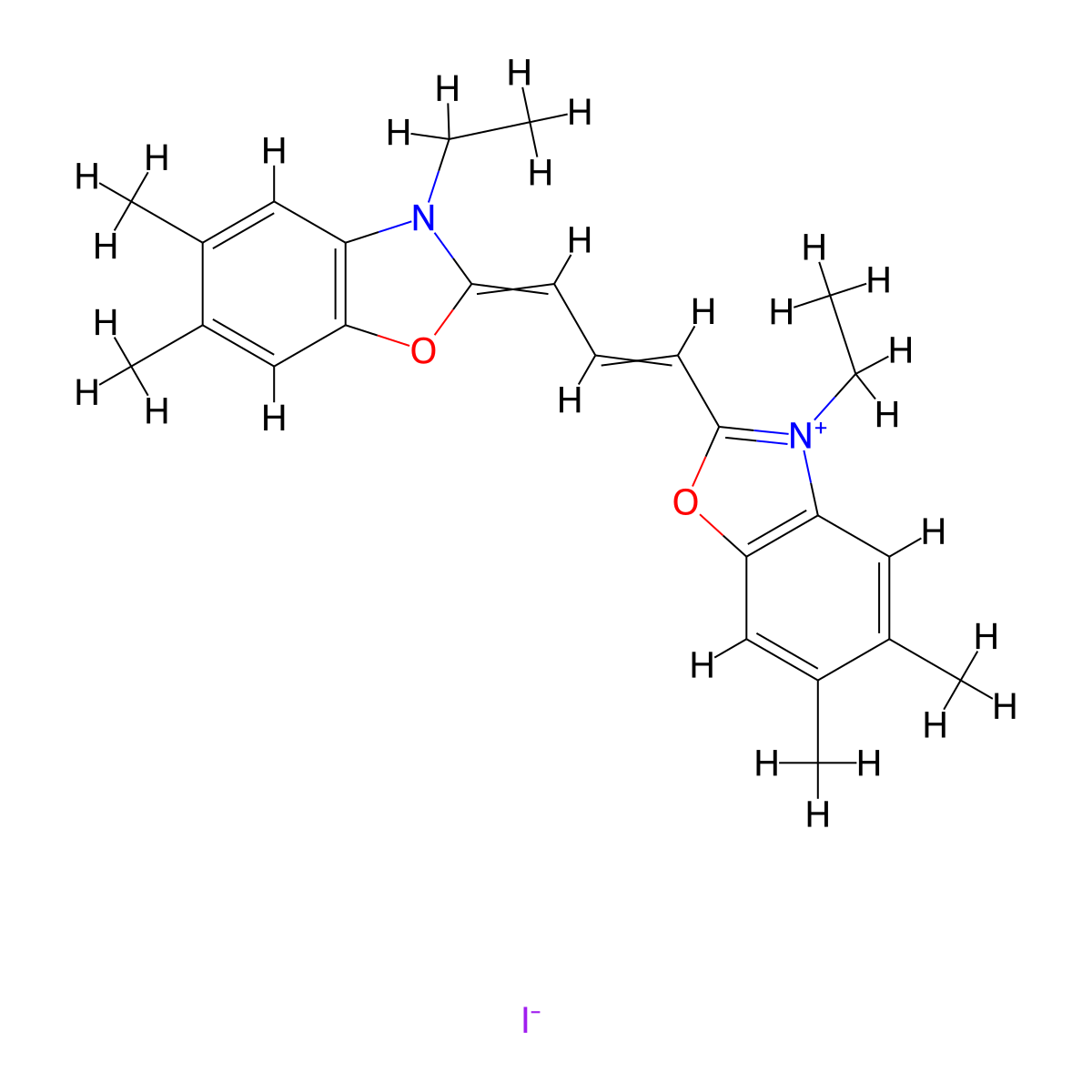 Benzoxazolium, 3-ethyl-2-(3-(3-ethyl-5,6-dimethyl-2(3H)-benzoxazolylidene)-1-propen-1-yl)-5,6-dimethyl-, iodide (1:1) molecular structure, CAS 52078-66-7