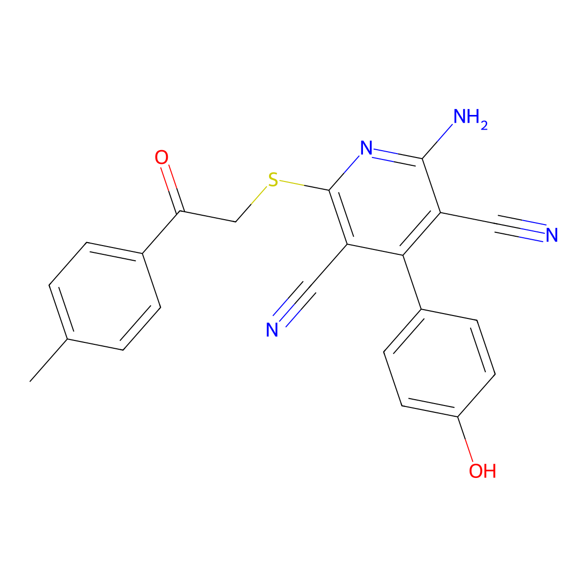 2-Amino-4-(4-hydroxyphenyl)-6-{[2-(4-methylphenyl)-2-oxoethyl]sulfanyl}pyridine-3,5-dicarbonitrile molecular structure, CAS 5212-03-3