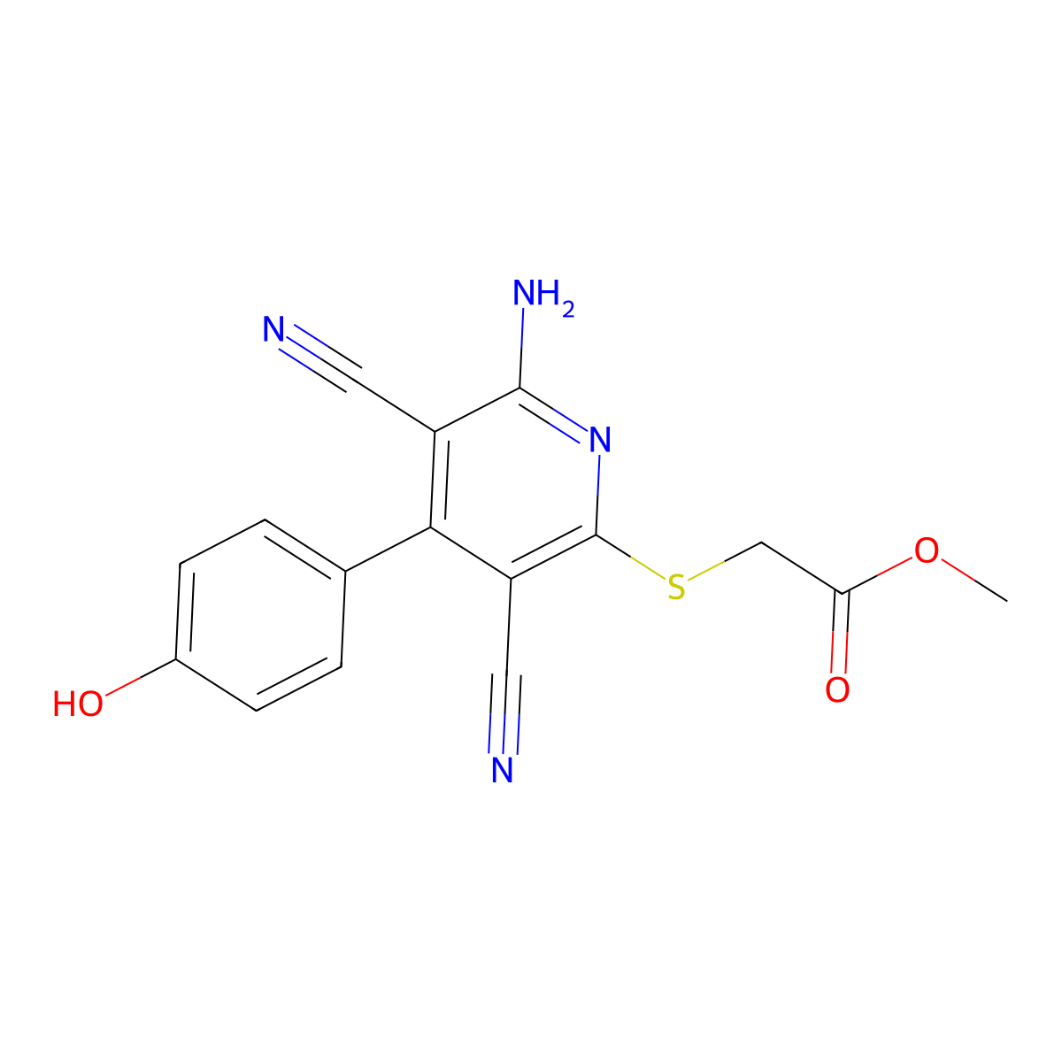 [6-Amino-3,5-dicyano-4-(4-hydroxy-phenyl)-pyridin-2-ylsulfanyl]-acetic acid methyl ester molecular structure, CAS 5212-06-6