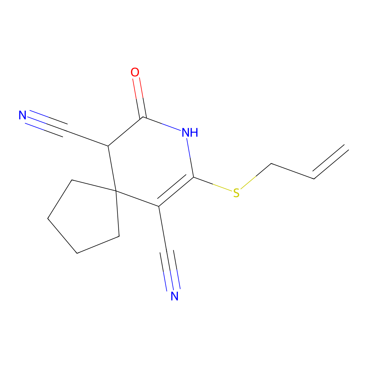7-Oxo-9-prop-2-enylsulfanyl-8-azaspiro[4.5]dec-9-ene-6,10-dicarbonitrile molecular structure, CAS 5212-11-3