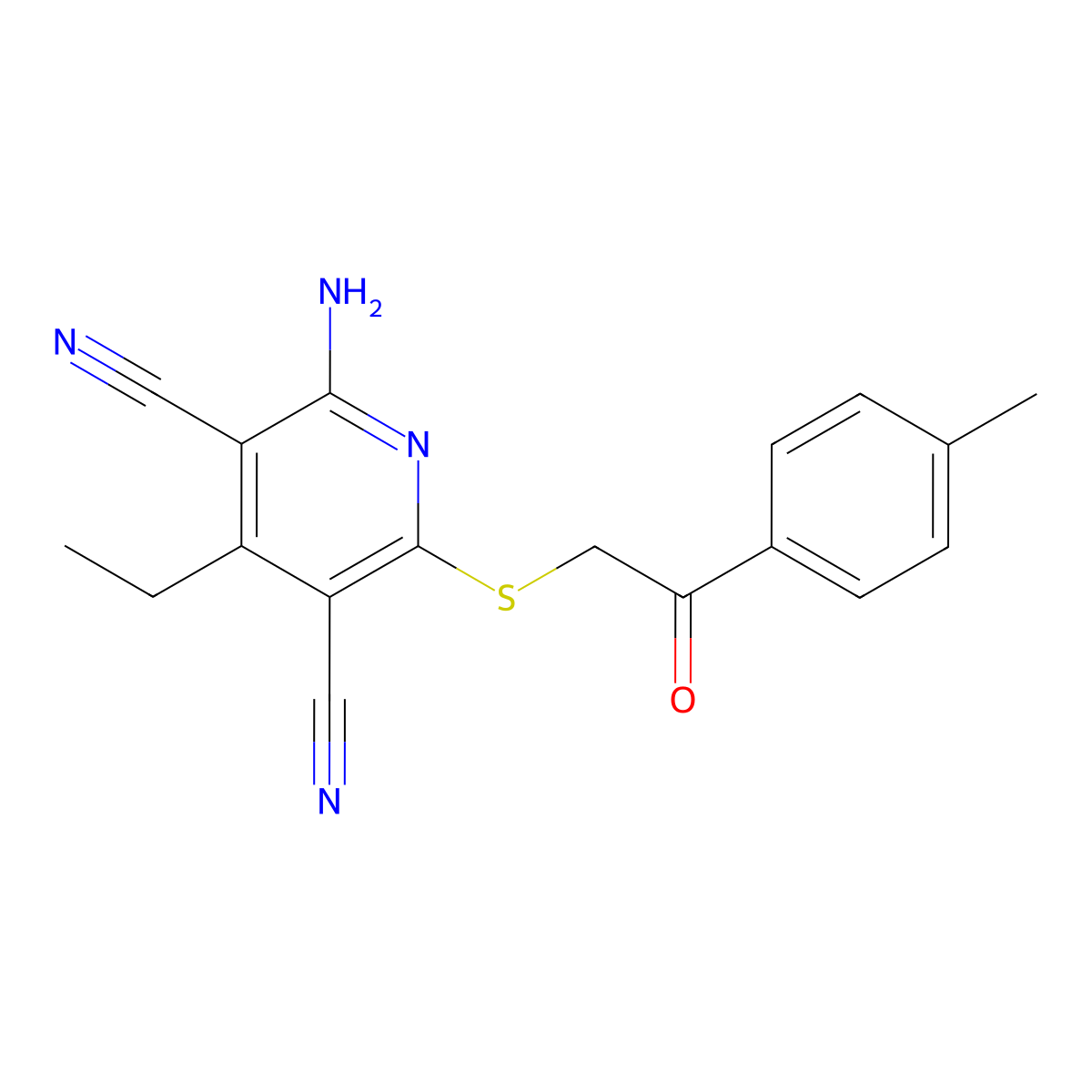 2-Amino-4-ethyl-6-{[2-(4-methylphenyl)-2-oxoethyl]sulfanyl}pyridine-3,5-dicarbonitrile molecular structure, CAS 5212-40-8