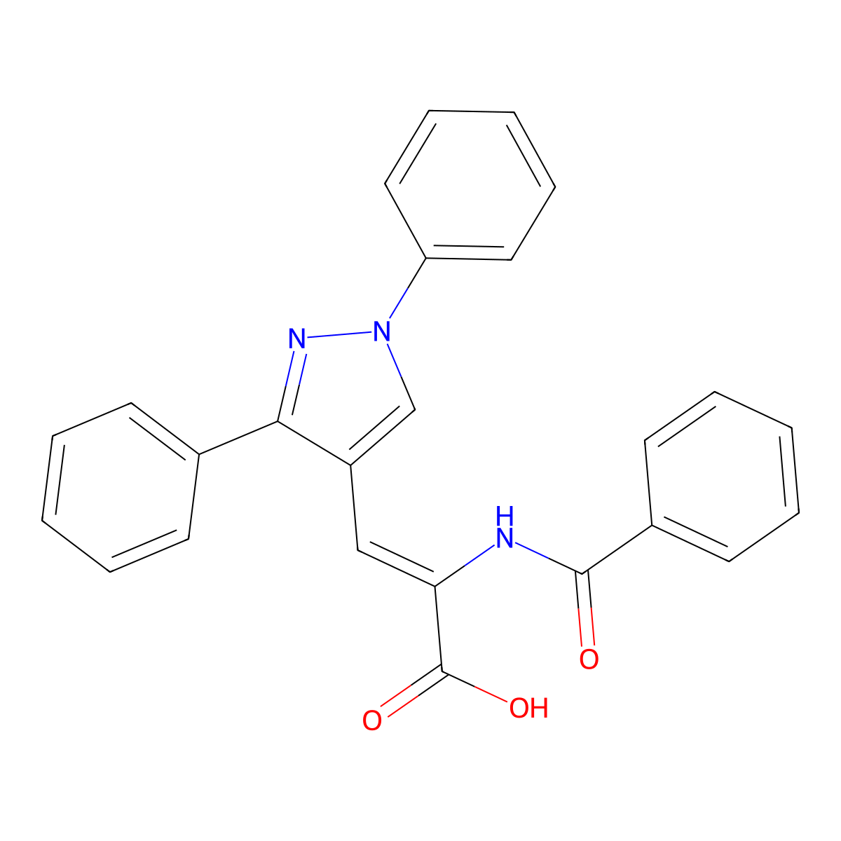 2-Benzamido-3-(1,3-diphenylpyrazol-4-yl)prop-2-enoic acid molecular structure, CAS 52127-73-8